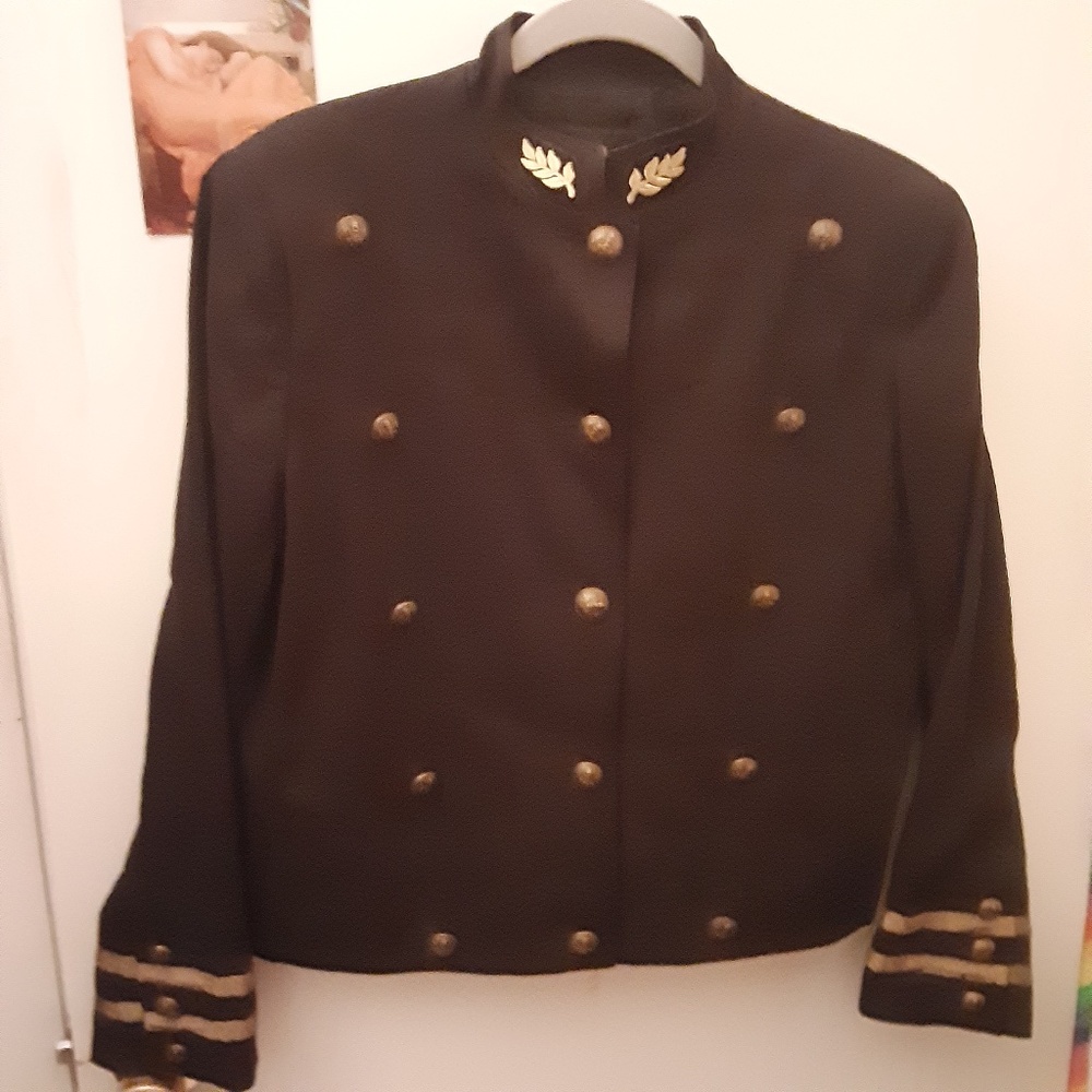 Vintage 90s Carole Little Sport M Military Black Many Buttons Embroidered Jacket